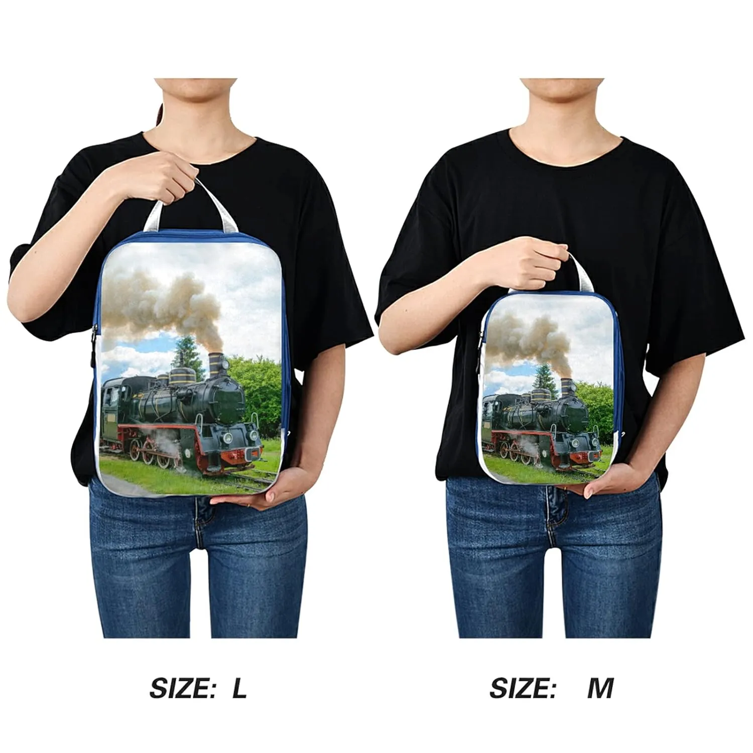Steam Train with Smoke Green Grass Trees Country View 3 Set Packing Cubes, Waterproof Check Oxford cloth Organizers, Travel Packing Toiletry Storage Bag