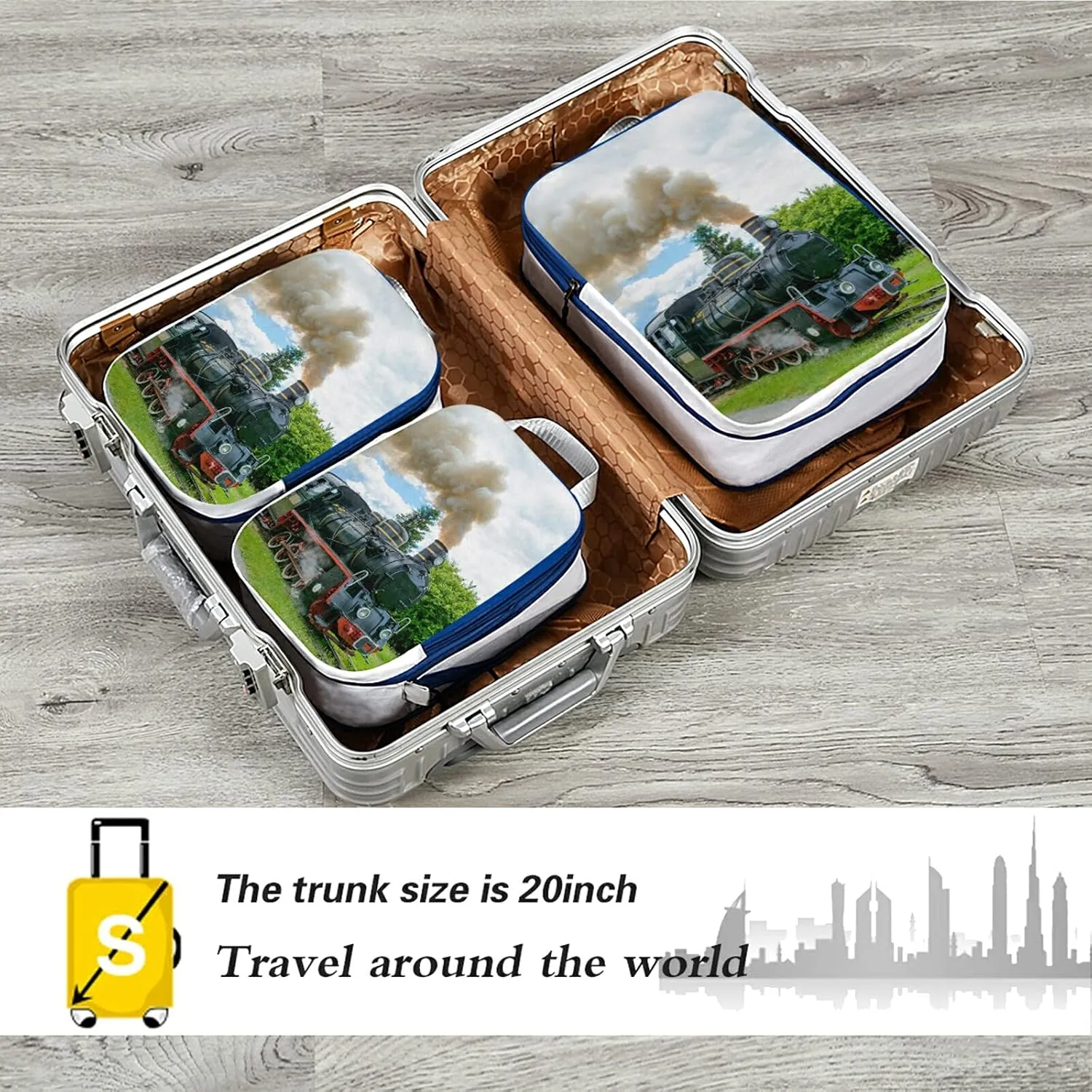 Steam Train with Smoke Green Grass Trees Country View 3 Set Packing Cubes, Waterproof Check Oxford cloth Organizers, Travel Packing Toiletry Storage Bag