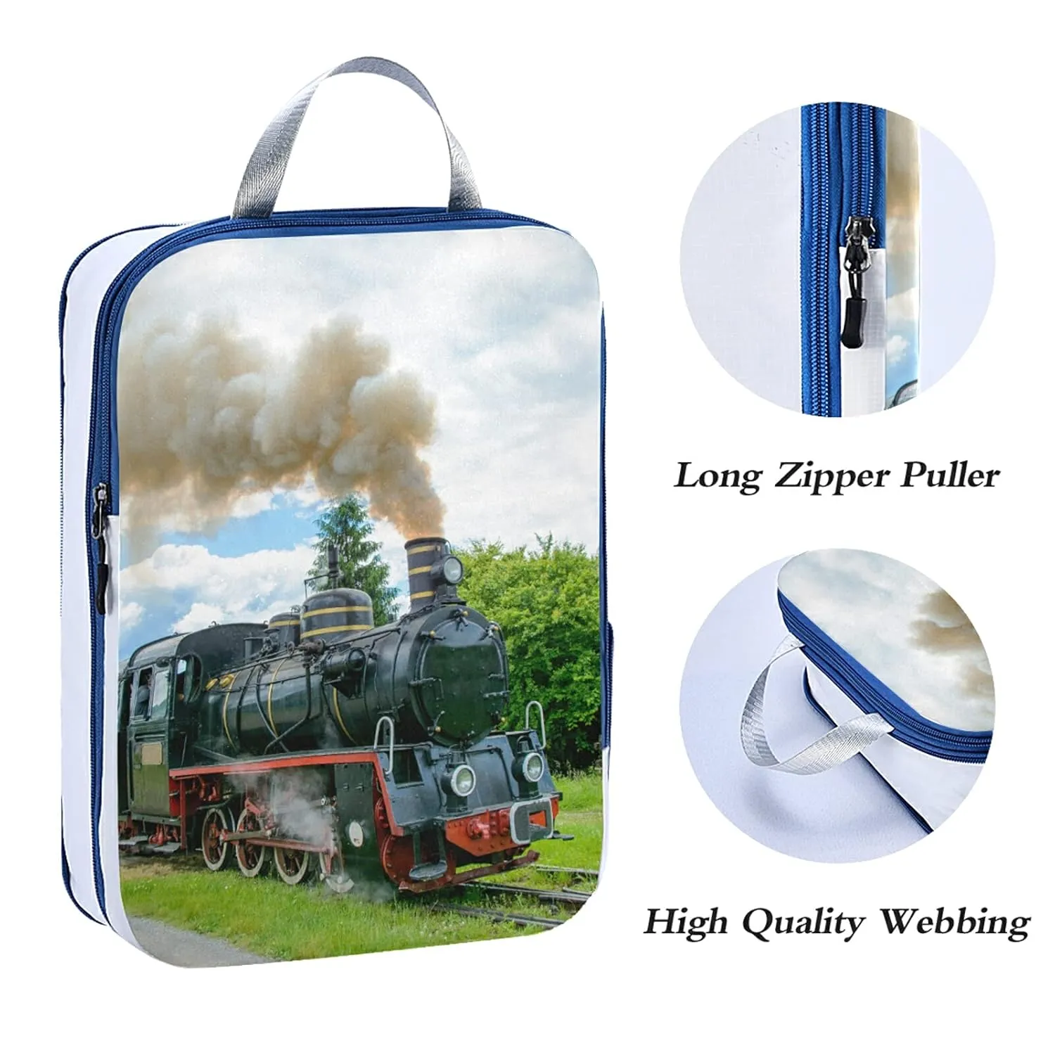 Steam Train with Smoke Green Grass Trees Country View 3 Set Packing Cubes, Waterproof Check Oxford cloth Organizers, Travel Packing Toiletry Storage Bag