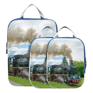 Steam Train with Smoke Green Grass Trees Country View 3 Set Packing Cubes, Waterproof Check Oxford cloth Organizers, Travel Packing Toiletry Storage Bag