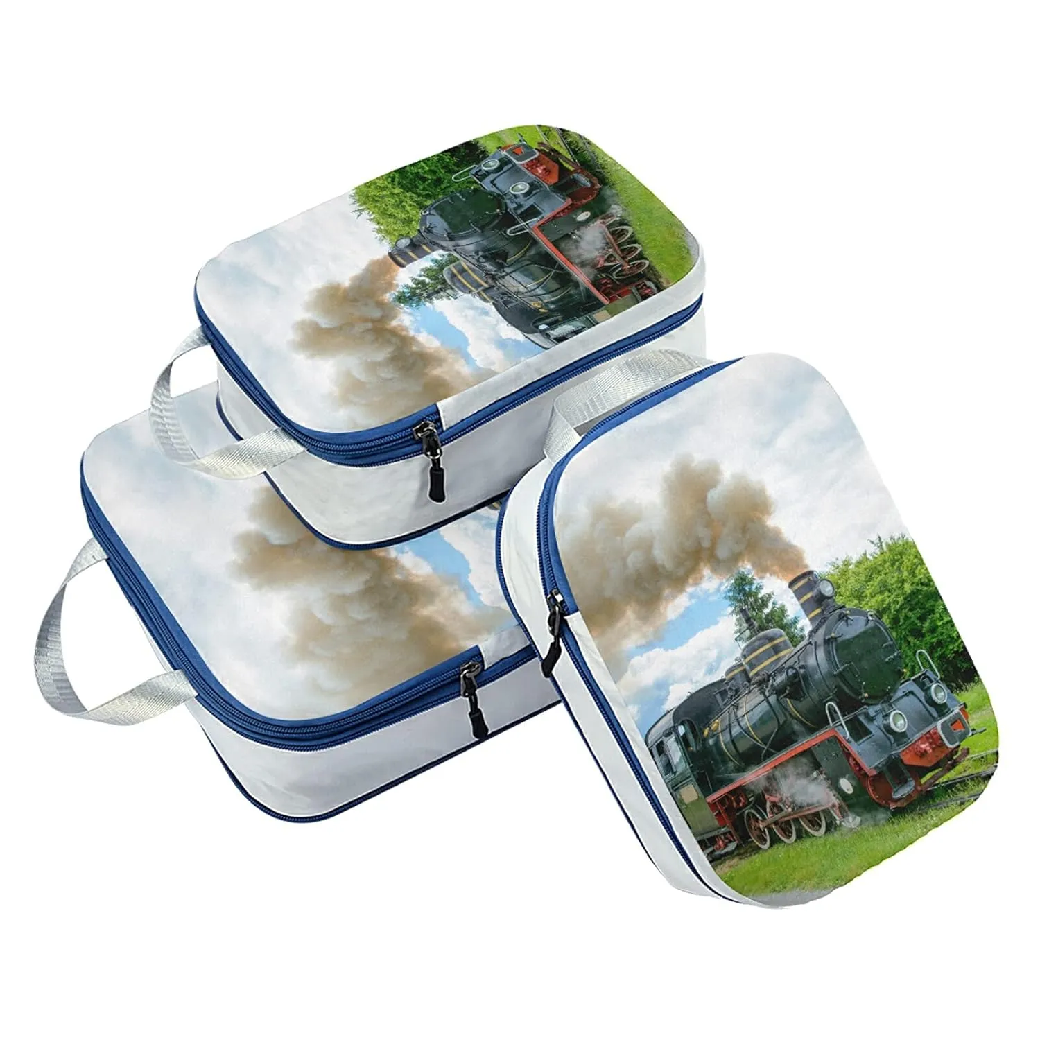 Steam Train with Smoke Green Grass Trees Country View 3 Set Packing Cubes, Waterproof Check Oxford cloth Organizers, Travel Packing Toiletry Storage Bag