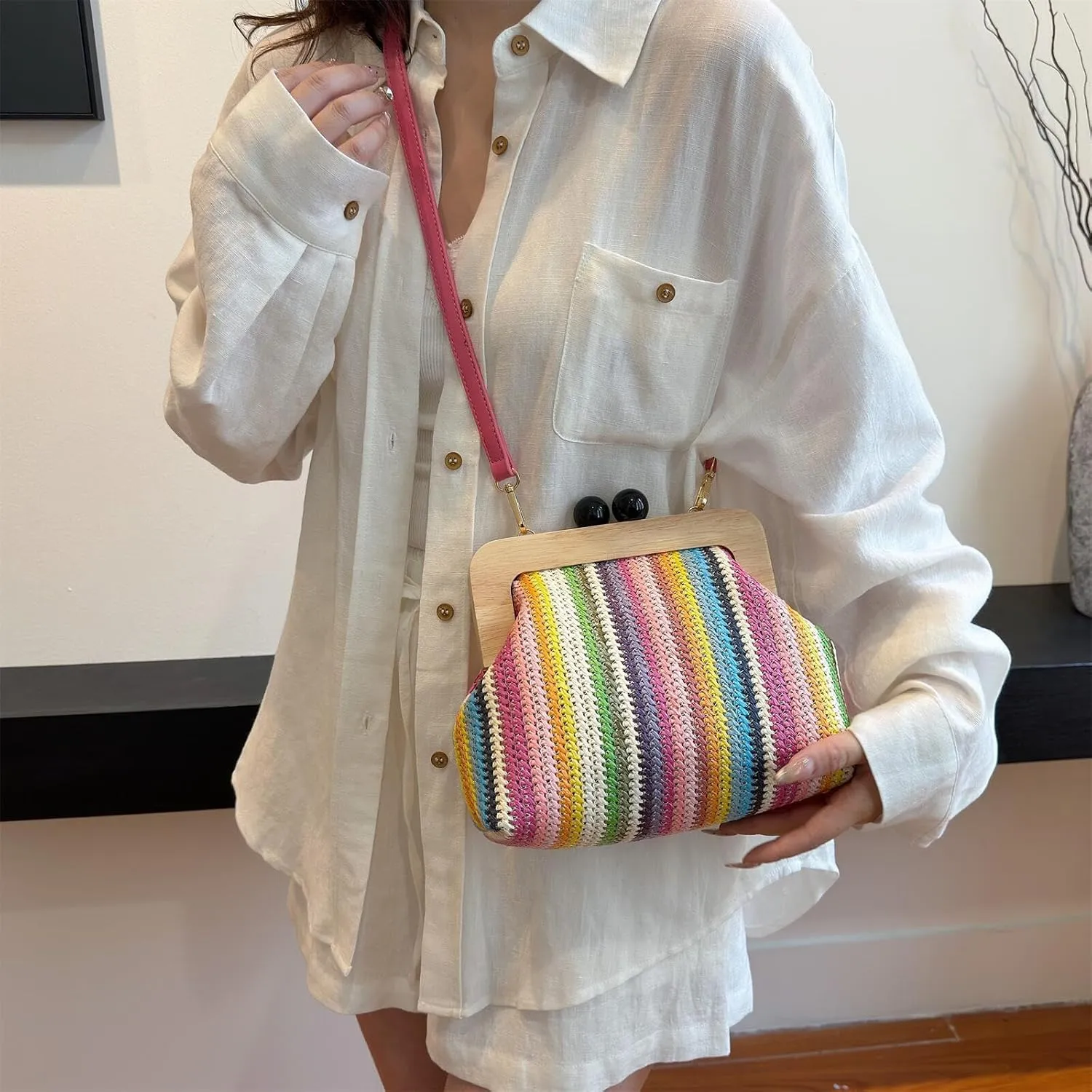 Straw Clip Crossbody Shoulder Bag for Women Clutch Purse Summer Beach Woven Pouch Handbag for Party Vacation