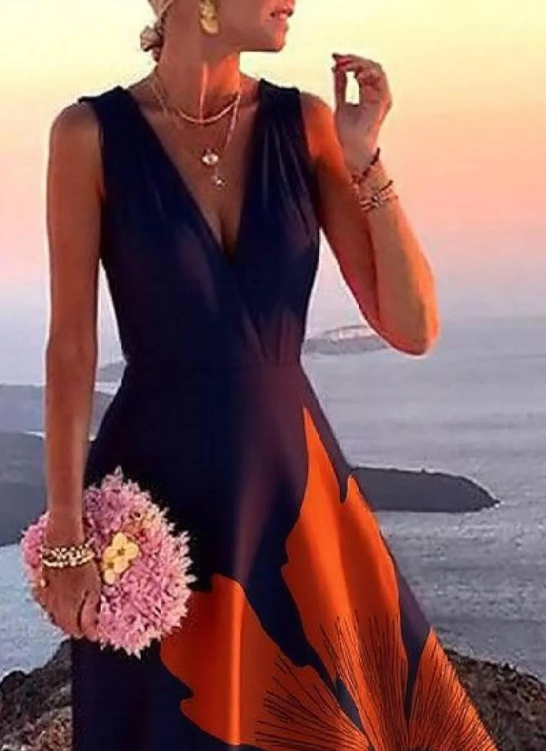 Summer Dresses for Women Elegant Floral Print Deep V Neck Sleeveless A Line Maxi Dress Wedding Guest Dress