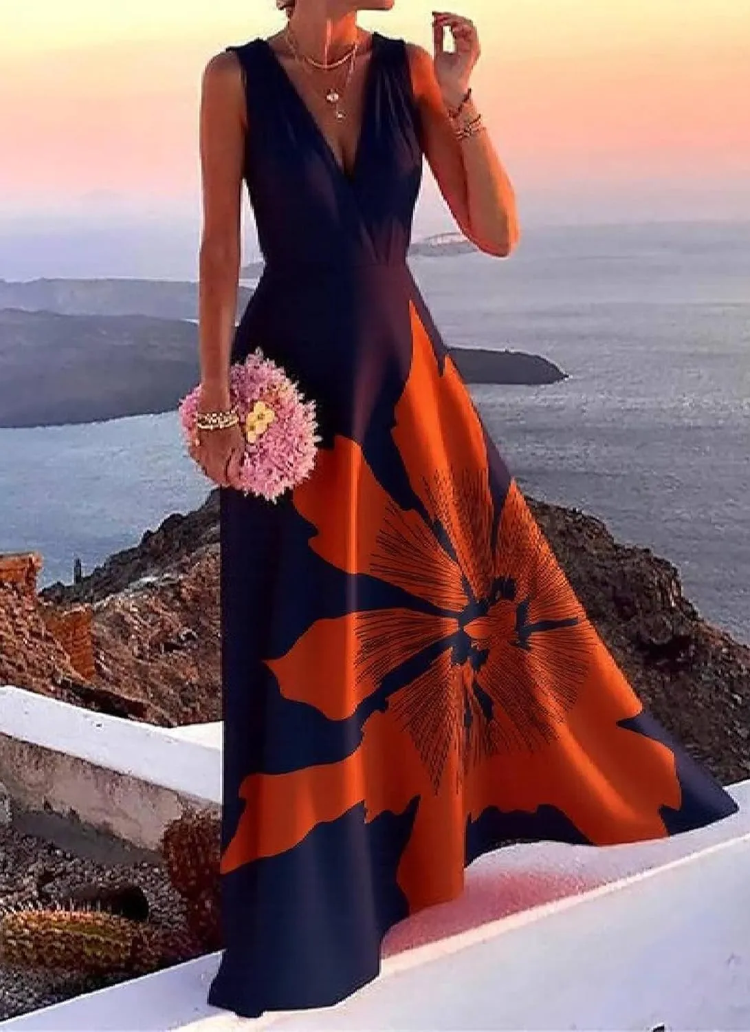 Summer Dresses for Women Elegant Floral Print Deep V Neck Sleeveless A Line Maxi Dress Wedding Guest Dress
