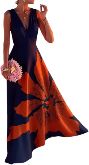 Summer Dresses for Women Elegant Floral Print Deep V Neck Sleeveless A Line Maxi Dress Wedding Guest Dress