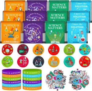 Sureio 86 Pcs Science Party Favors Include Science Drawstring Bags Silicone Bracelets Stickers Kawaii Pins for Scientist Birthday Decorations Prizes