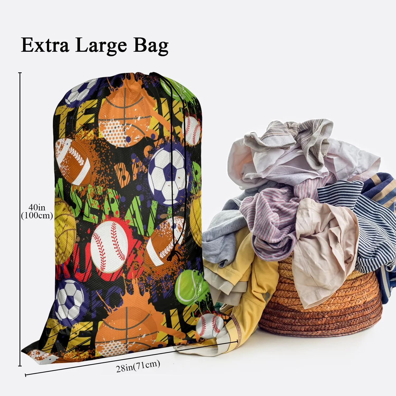Swono Balls Laundry Bags With Drawstring XL Travel Storage Bags 28"x40", Heavy Duty Multi Use, Baseball Basketball Volleyball Sports Game Washable Dirty Clothes Organizer, Easy Fits Laundry Hamper