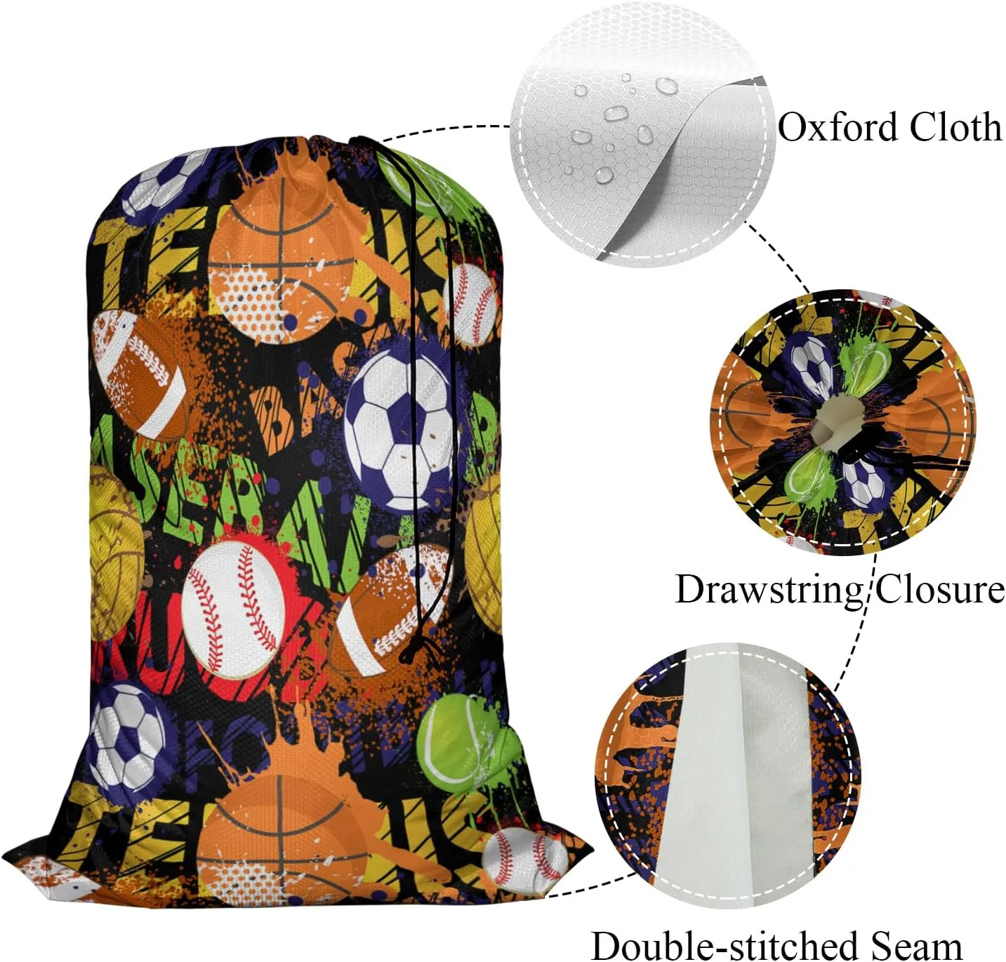 Swono Balls Laundry Bags With Drawstring XL Travel Storage Bags 28"x40", Heavy Duty Multi Use, Baseball Basketball Volleyball Sports Game Washable Dirty Clothes Organizer, Easy Fits Laundry Hamper