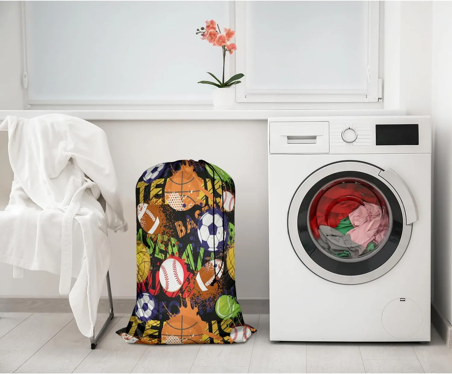 Swono Balls Laundry Bags With Drawstring XL Travel Storage Bags 28"x40", Heavy Duty Multi Use, Baseball Basketball Volleyball Sports Game Washable Dirty Clothes Organizer, Easy Fits Laundry Hamper
