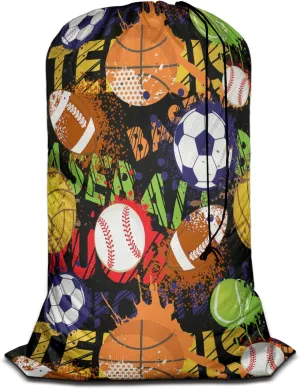 Swono Balls Laundry Bags With Drawstring XL Travel Storage Bags 28"x40", Heavy Duty Multi Use, Baseball Basketball Volleyball Sports Game Washable Dirty Clothes Organizer, Easy Fits Laundry Hamper