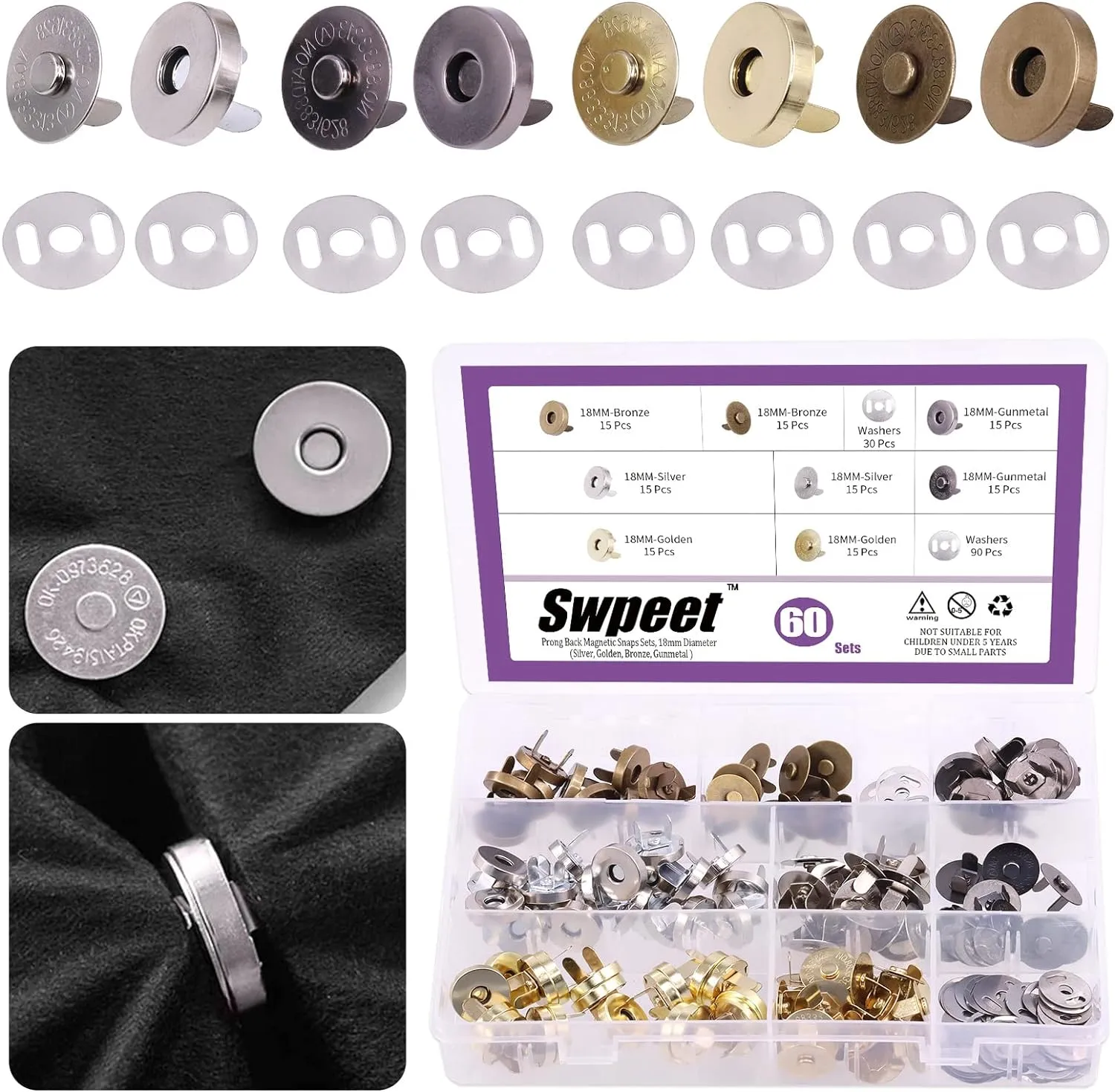 Swpeet 60 Sets Magnetic Button Clasps Snaps, 18MM Metal Fastener Clasps Gold Silver Bronze Black DIY Craft Sewing Knitting Buttons Sets for Sewing, Purses, Bags, Clothes, Leather