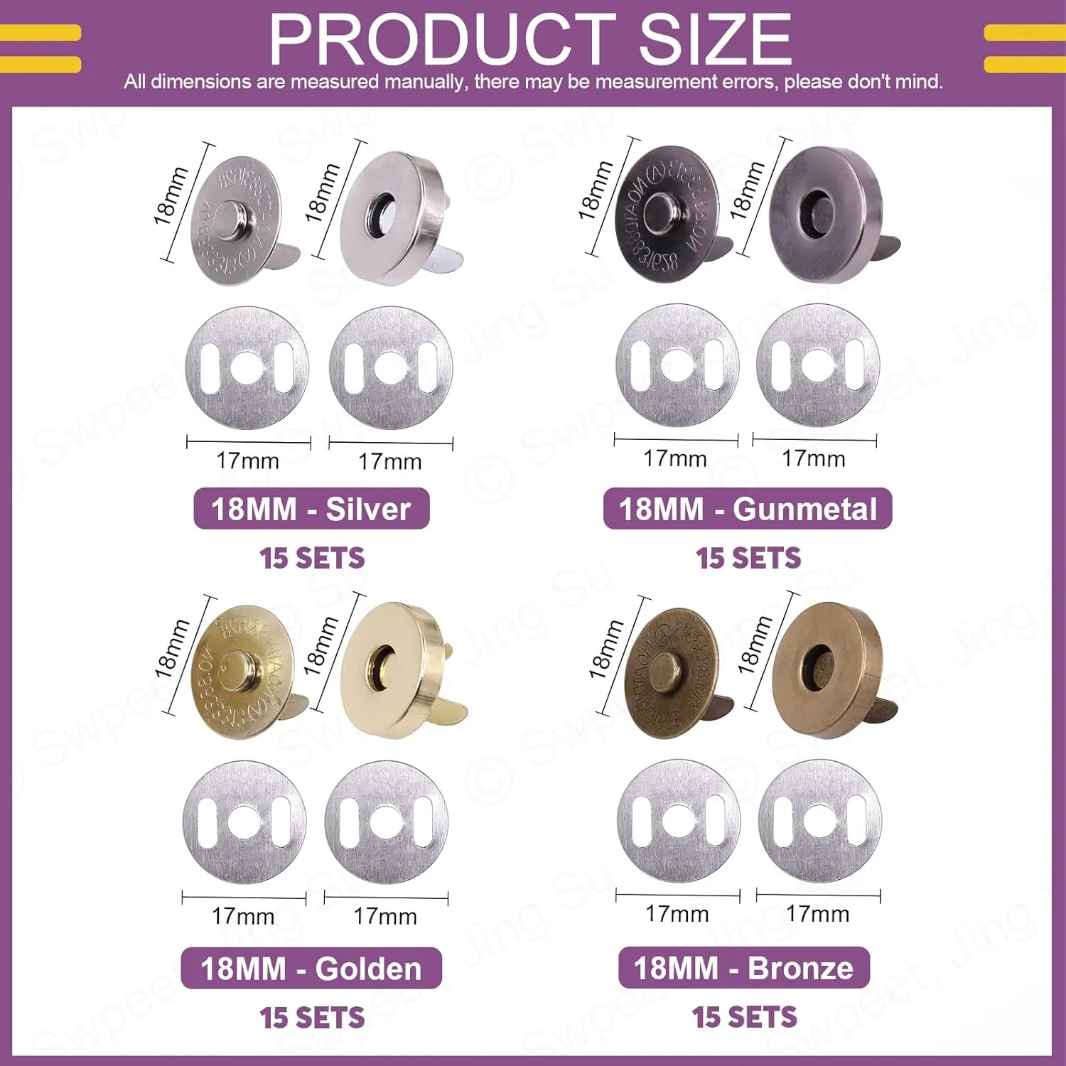 Swpeet 60 Sets Magnetic Button Clasps Snaps, 18MM Metal Fastener Clasps Gold Silver Bronze Black DIY Craft Sewing Knitting Buttons Sets for Sewing, Purses, Bags, Clothes, Leather