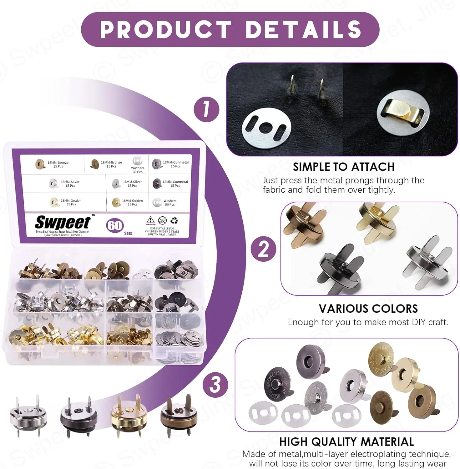 Swpeet 60 Sets Magnetic Button Clasps Snaps, 18MM Metal Fastener Clasps Gold Silver Bronze Black DIY Craft Sewing Knitting Buttons Sets for Sewing, Purses, Bags, Clothes, Leather