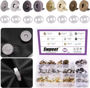 Swpeet 60 Sets Magnetic Button Clasps Snaps, 18MM Metal Fastener Clasps Gold Silver Bronze Black DIY Craft Sewing Knitting Buttons Sets for Sewing, Purses, Bags, Clothes, Leather