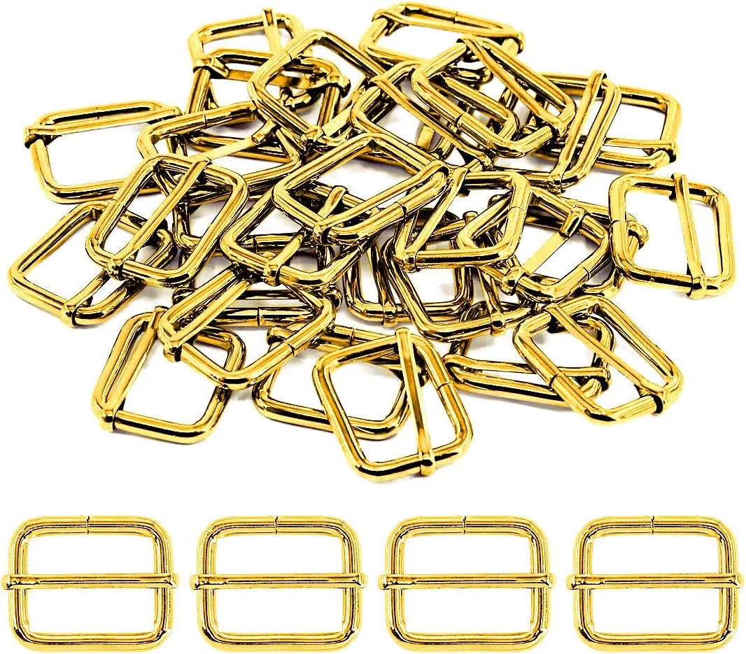 Swpeet 60Pcs 1 Inch / 25mm Gold Heavy Duty Metal Rings Metal Rectangle Adjuster Triglides Slides Buckle, Roller Pin Buckles Slider Strap Adjuster Keychains for Belt Bags DIY Accessories
