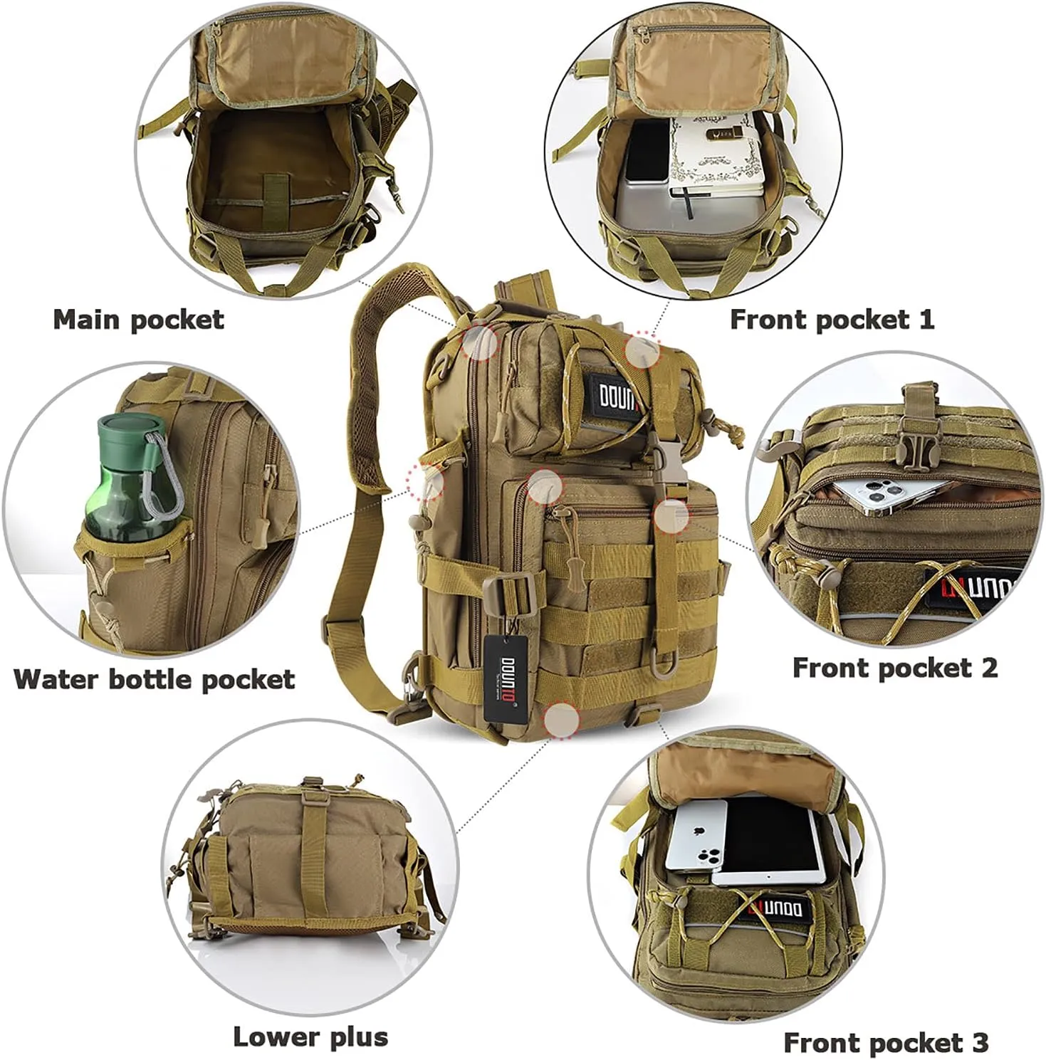 Tactical Backpack Medium EDC DayPack Military Molle Backpacks Bag Outdoor Rucksack for Fishing Hunting Camping (Khaki)