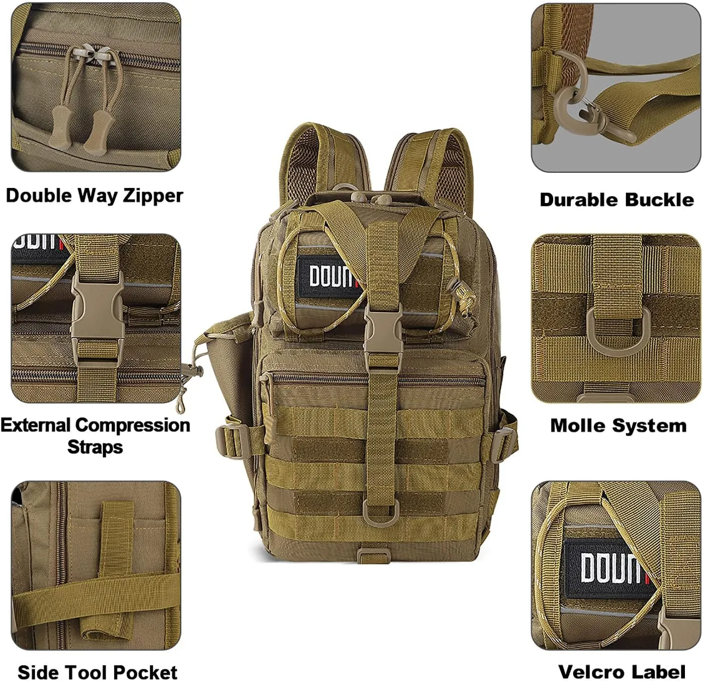 Tactical Backpack Medium EDC DayPack Military Molle Backpacks Bag Outdoor Rucksack for Fishing Hunting Camping (Khaki)