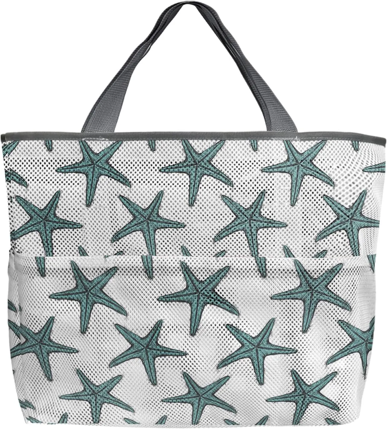 Teal Beach Starfish Beach Tote Bag for Women, Summer Ocean Nautical Coastal Mesh Beach Bags Waterproof Sandproof, Outdoor Picnic Swim Pool Handbag - Large Beach Bag with Zipper and Pockets