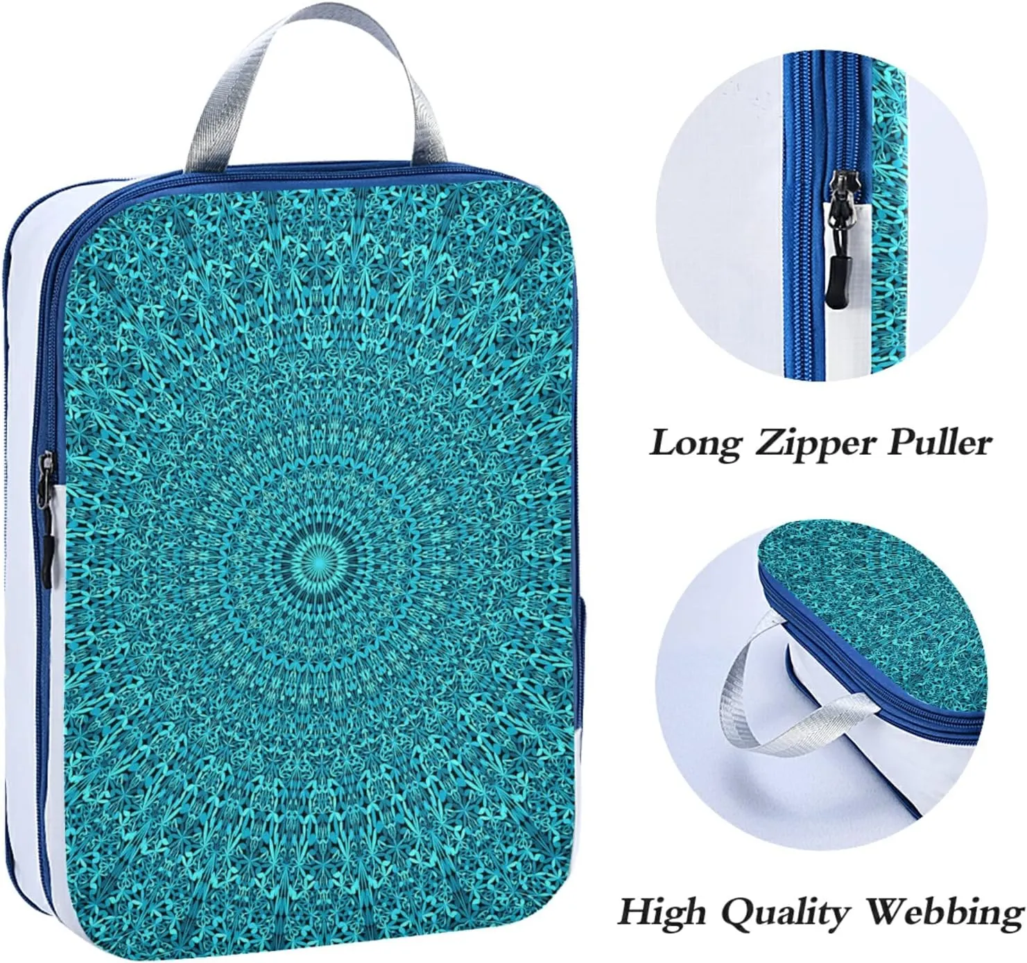 Teal mandala Abstract Bohemian Floral Flower Ornament 3 Set Packing Cubes, Travel Packing Organizers for Suitcases, Waterproof Check Oxford Toiletry Compression Luggage Storage Bag