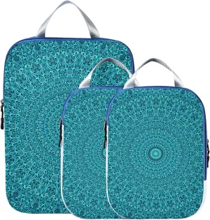 Teal mandala Abstract Bohemian Floral Flower Ornament 3 Set Packing Cubes, Travel Packing Organizers for Suitcases, Waterproof Check Oxford Toiletry Compression Luggage Storage Bag