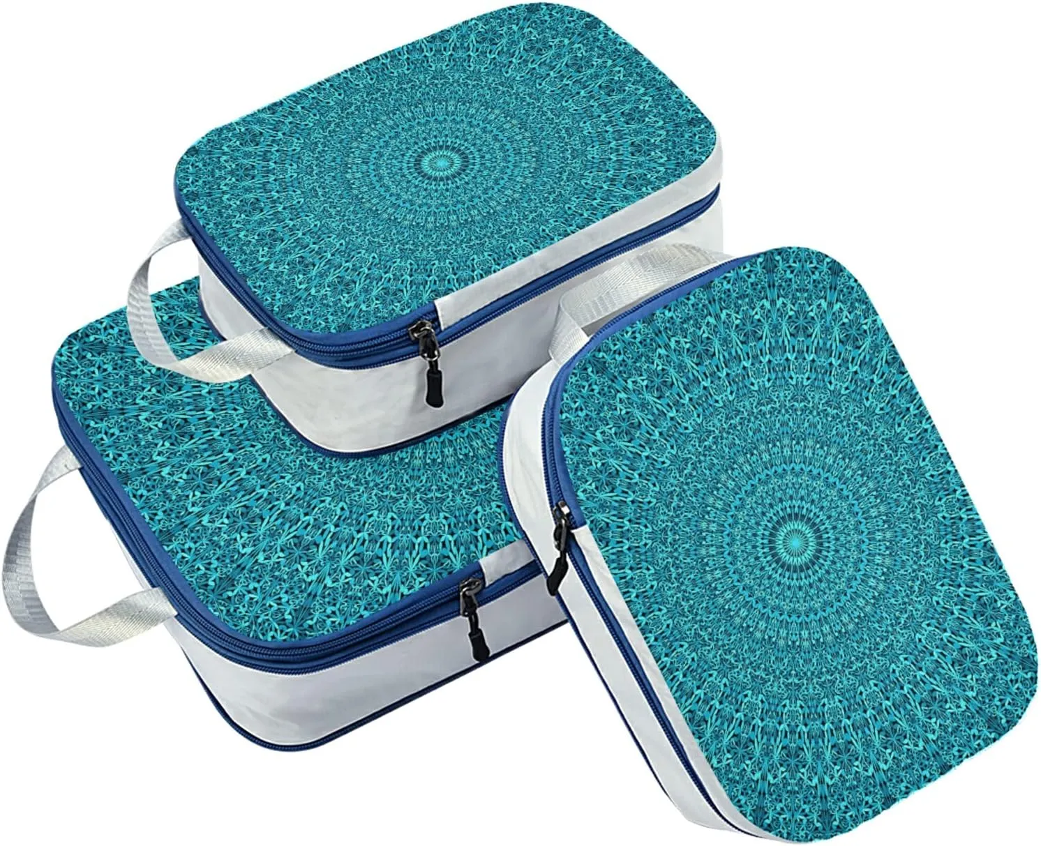 Teal mandala Abstract Bohemian Floral Flower Ornament 3 Set Packing Cubes, Travel Packing Organizers for Suitcases, Waterproof Check Oxford Toiletry Compression Luggage Storage Bag