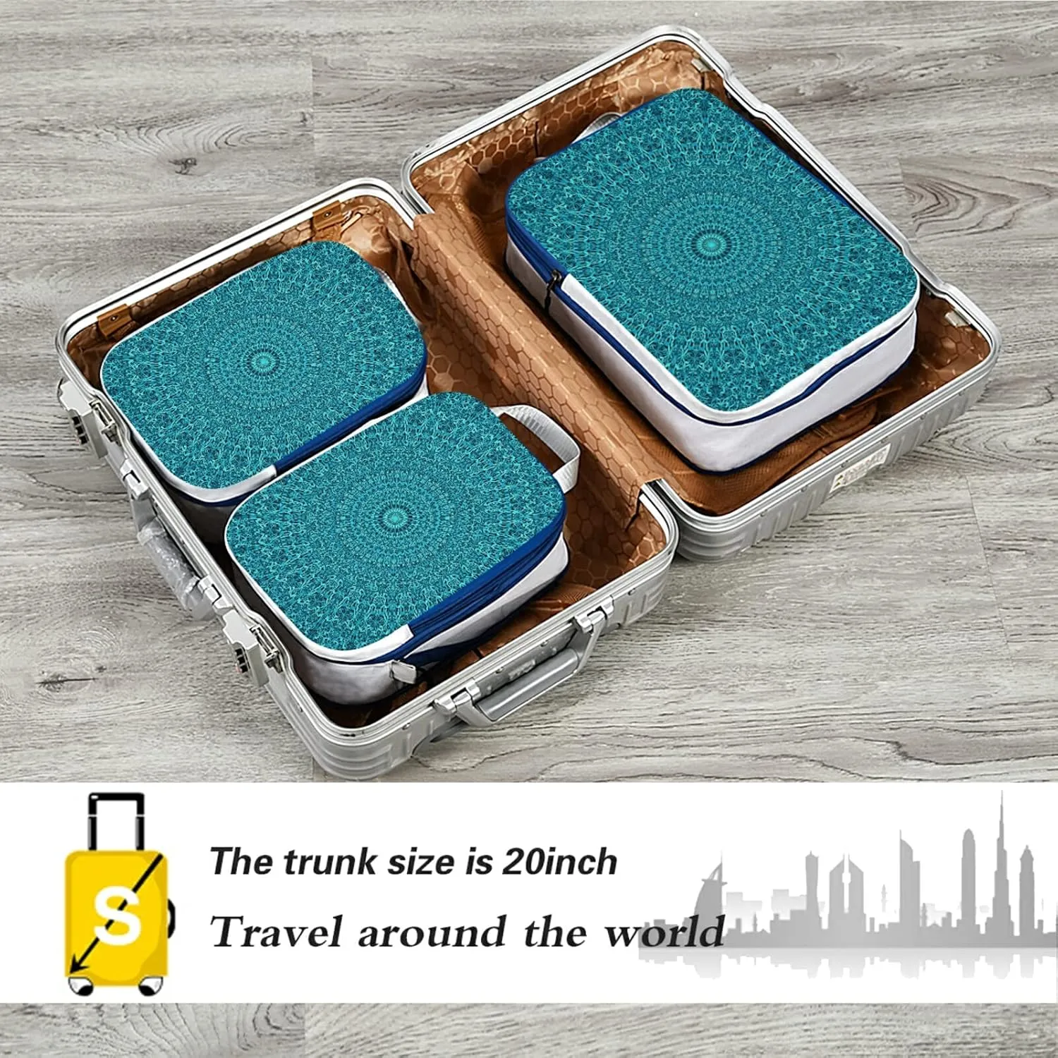 Teal mandala Abstract Bohemian Floral Flower Ornament 3 Set Packing Cubes, Travel Packing Organizers for Suitcases, Waterproof Check Oxford Toiletry Compression Luggage Storage Bag