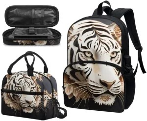 Tiger Paper Carving Bookbag Sets Adjustable Shoulder Strap Backpacks 3D Vivid White Tigers Paper Sculpture Lunch Bags Aesthetic Art Pencil Bag for Teen Student