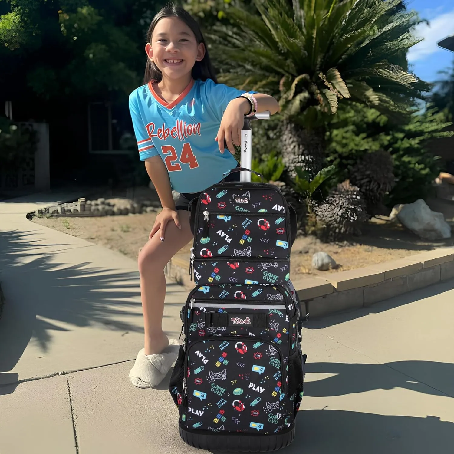 Tilami Rolling Backpack & Lunch bag for Kids 19 Inch Wheeled Bookbag for Boys & Girls for School & Travel,Music