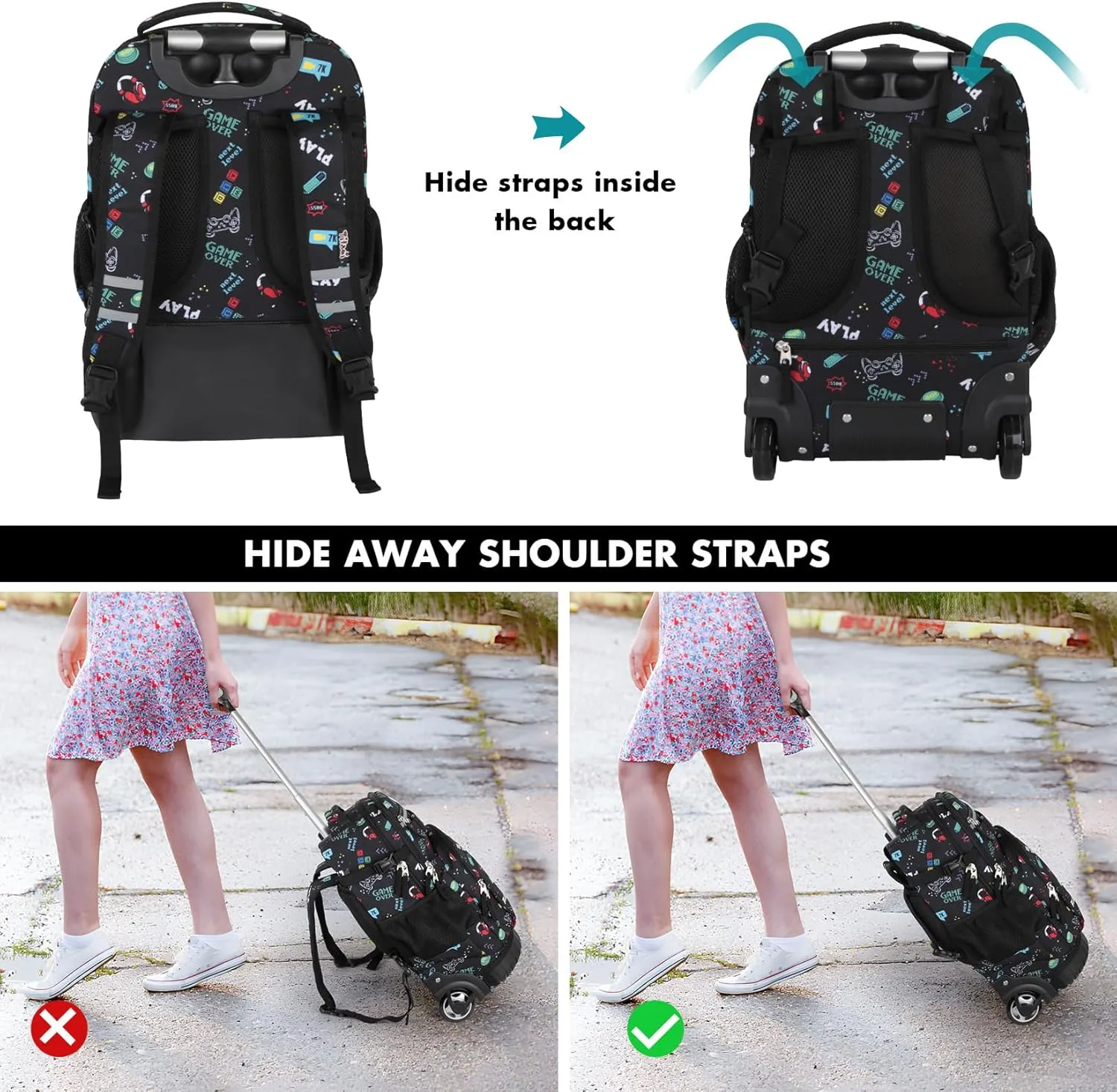 Tilami Rolling Backpack & Lunch bag for Kids 19 Inch Wheeled Bookbag for Boys & Girls for School & Travel,Music