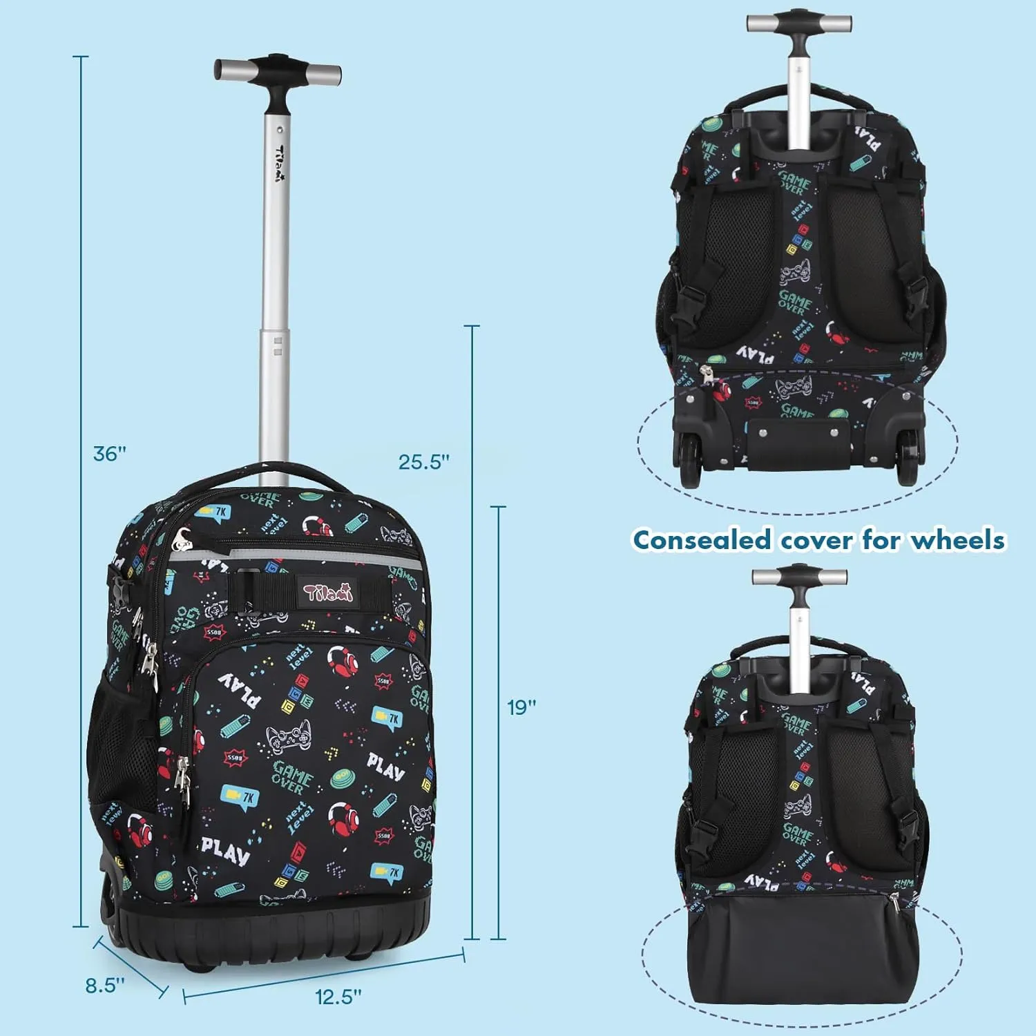 Tilami Rolling Backpack & Lunch bag for Kids 19 Inch Wheeled Bookbag for Boys & Girls for School & Travel,Music