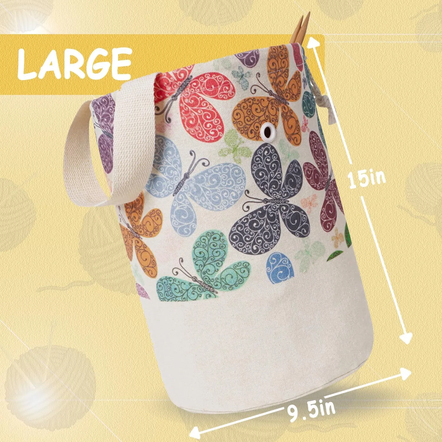 TOGETRUE Yarn Bag, Knitting Crochet Bag, Portable Yarn Storage Bags Organizer for Crocheting Project, Store Skein Ball, Short Knitting Needle (Large, Butterfly)