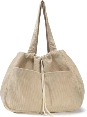 Tote Bag for Women,Corduroy Lightweight Large Capacity Shoulder Bags with Drawstring, Casual Handbag for Travel, Work