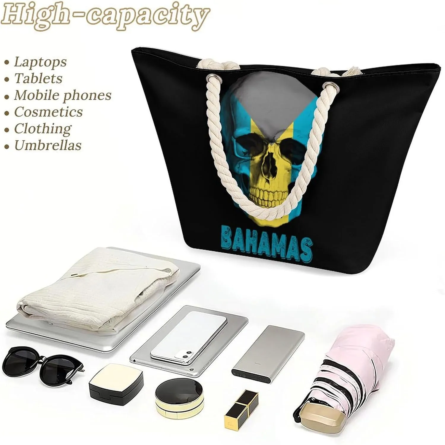 Tote Bag Large Handles Beach Bag with Zipper for Shopping Groceries Travel Outdoors Swim Pool Bag