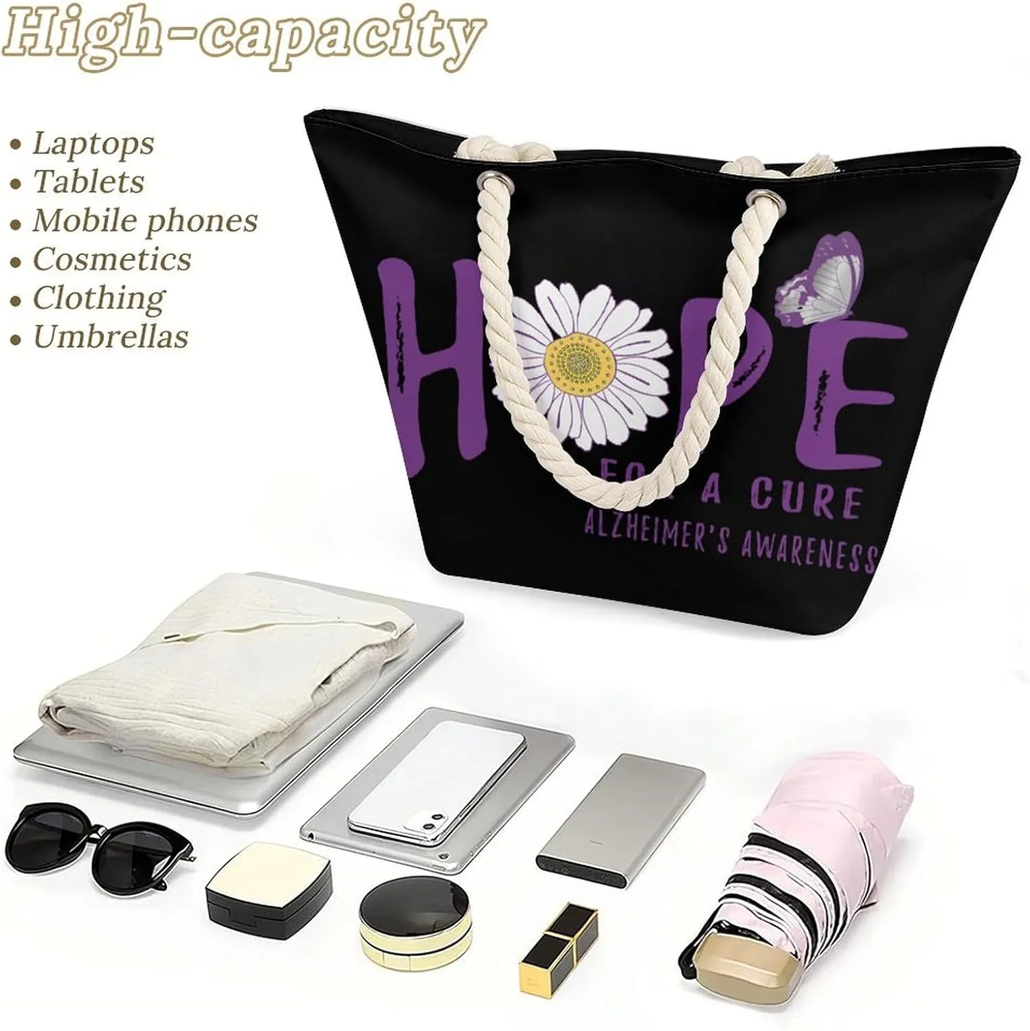 Tote Bag Large Handles Beach Bag with Zipper for Shopping Groceries Travel Outdoors Swim Pool Bag