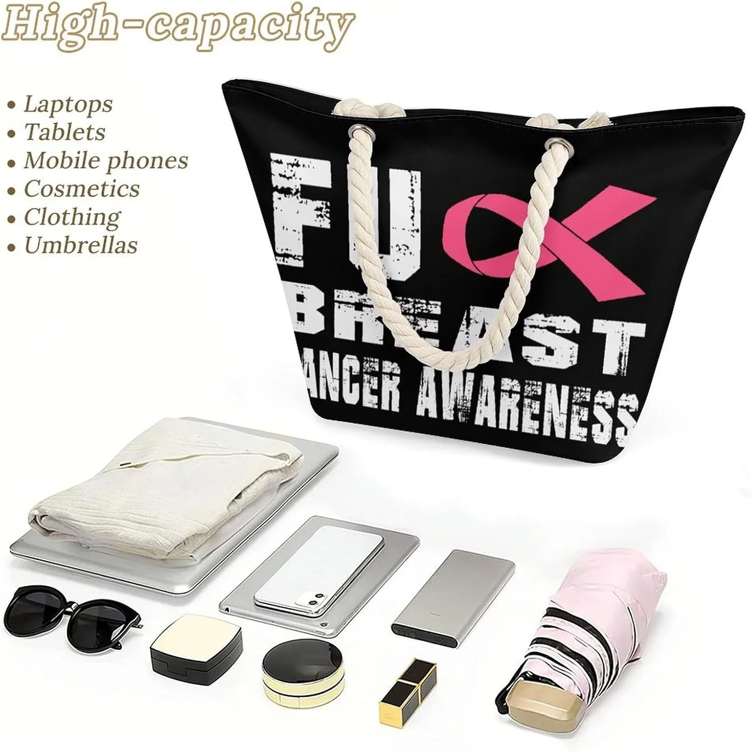 Tote Bag Large Handles Beach Bag with Zipper for Shopping Groceries Travel Outdoors Swim Pool Bag