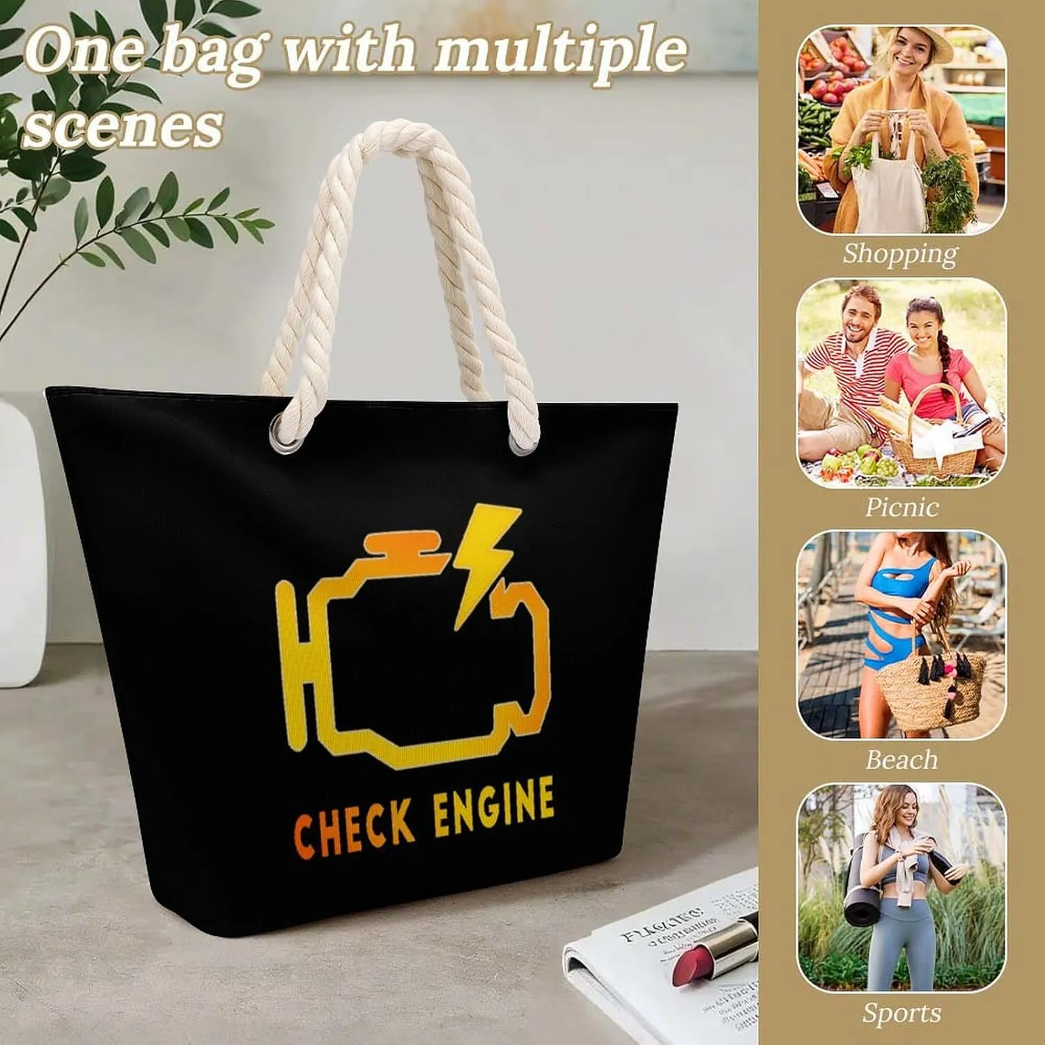 Tote Bag Large Handles Beach Bag with Zipper for Shopping Groceries Travel Outdoors Swim Pool Bag