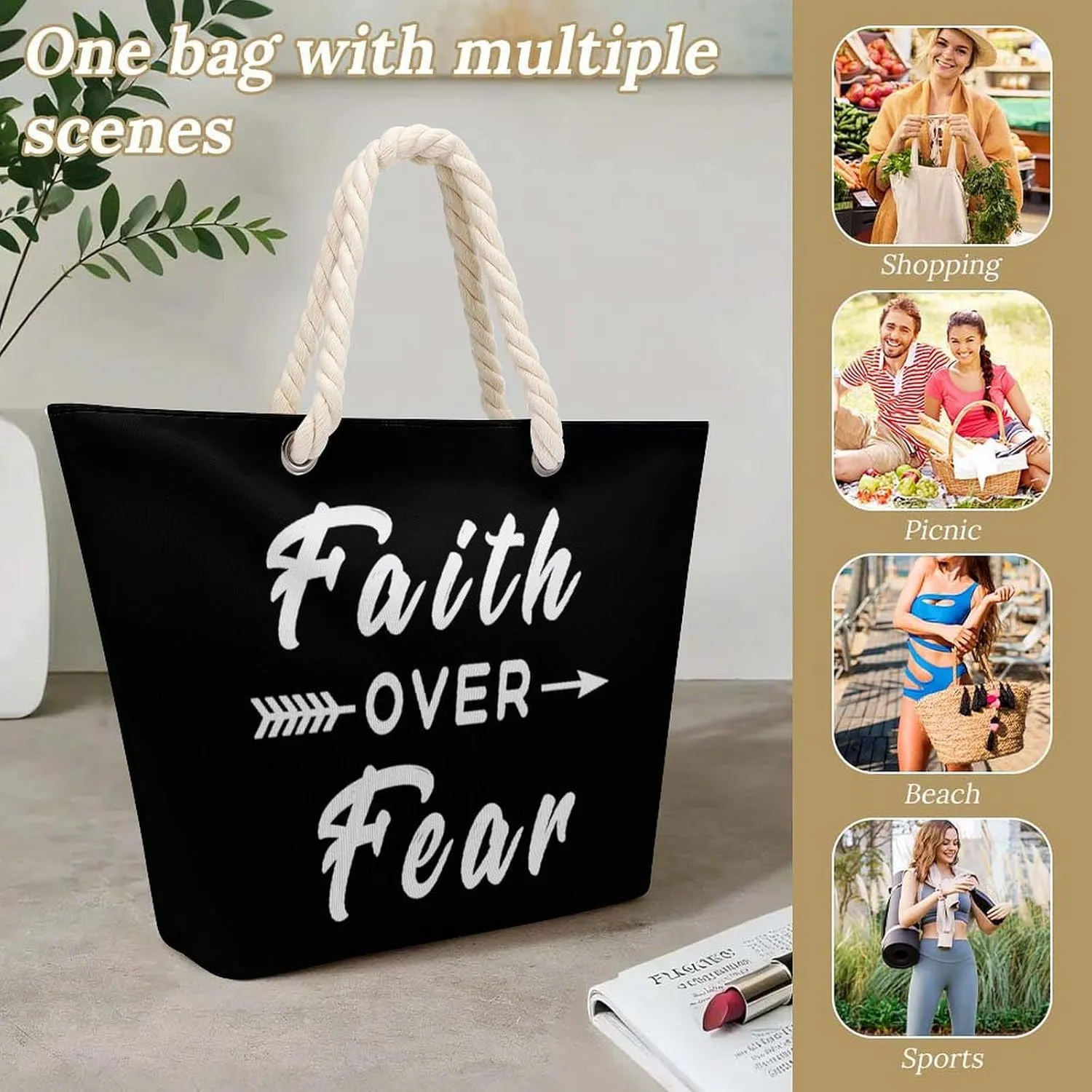 Tote Bag Large Handles Beach Bag with Zipper for Shopping Groceries Travel Outdoors Swim Pool Bag