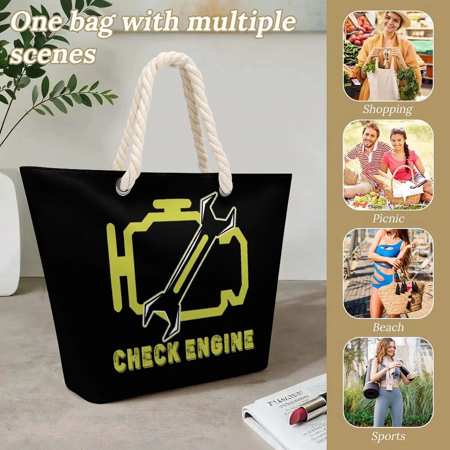 Tote Bag Large Handles Beach Bag with Zipper for Shopping Groceries Travel Outdoors Swim Pool Bag