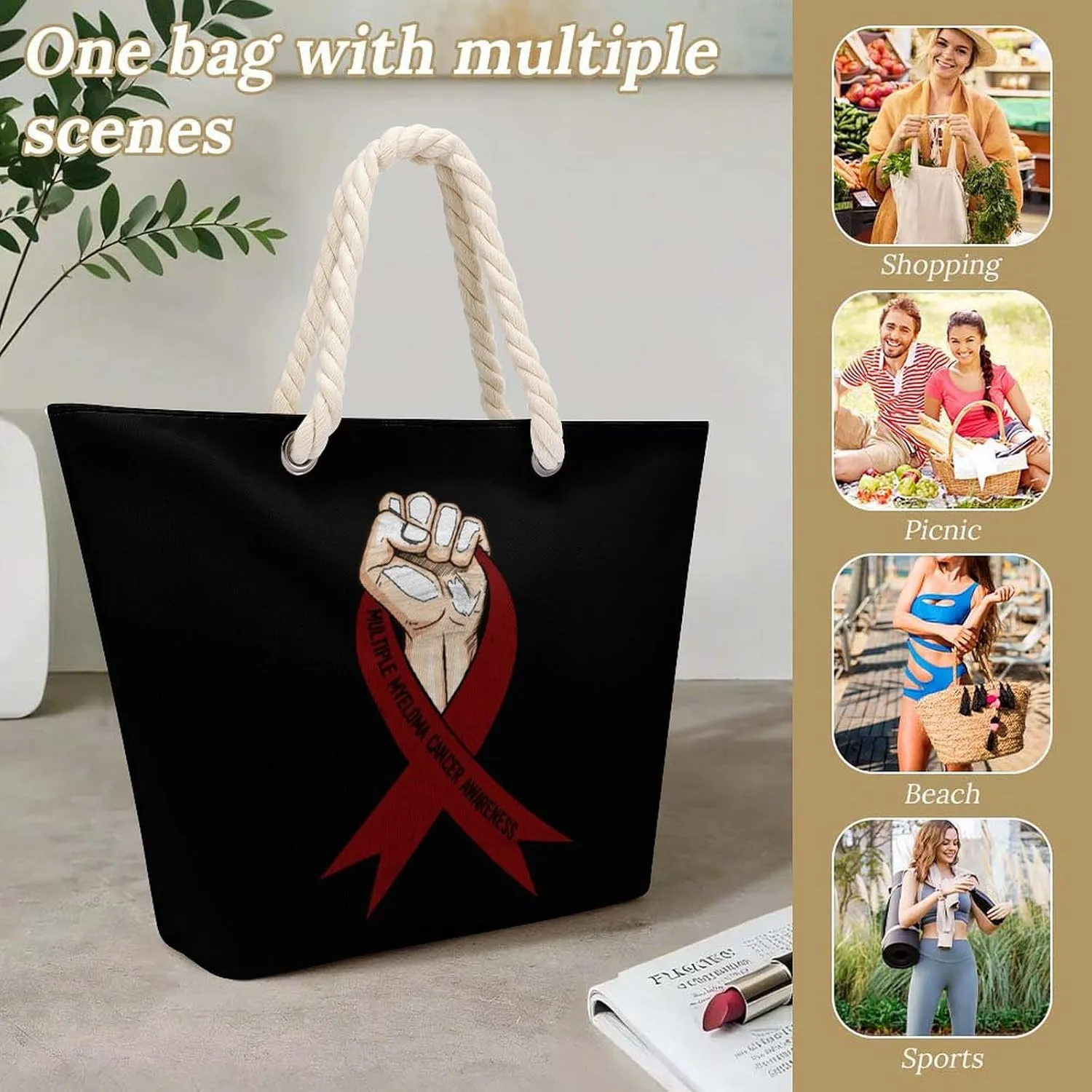 Tote Bag Large Handles Beach Bag with Zipper for Shopping Groceries Travel Outdoors Swim Pool Bag