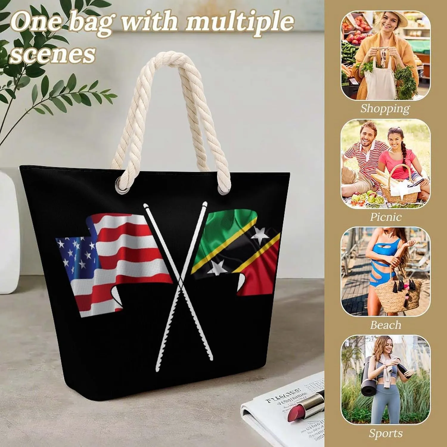 Tote Bag Large Handles Beach Bag with Zipper for Shopping Groceries Travel Outdoors Swim Pool Bag