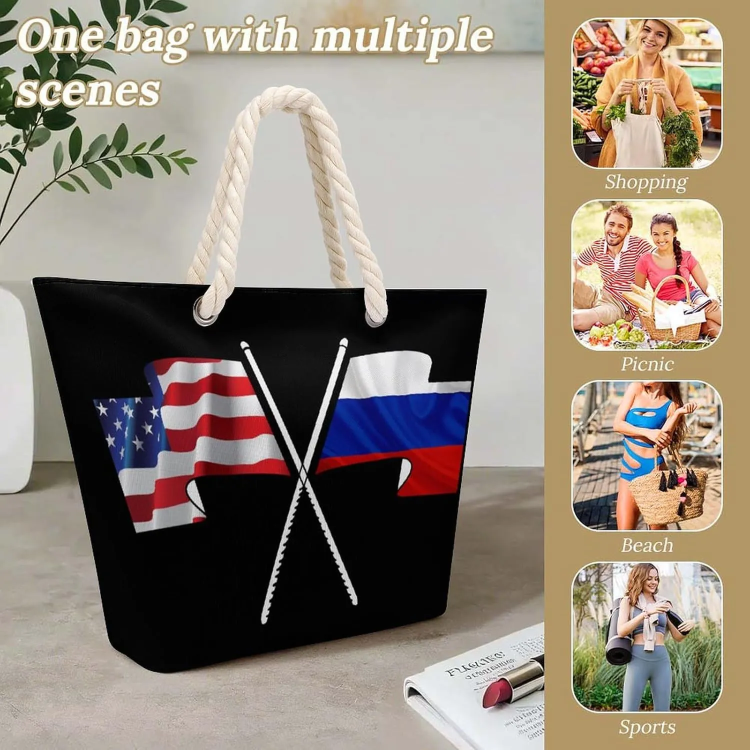 Tote Bag Large Handles Beach Bag with Zipper for Shopping Groceries Travel Outdoors Swim Pool Bag