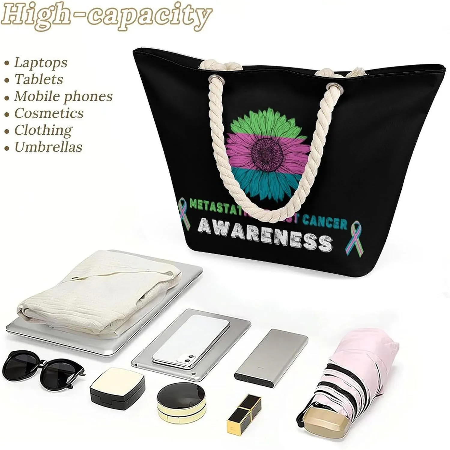 Tote Bag Large Handles Beach Bag with Zipper for Shopping Groceries Travel Outdoors Swim Pool Bag