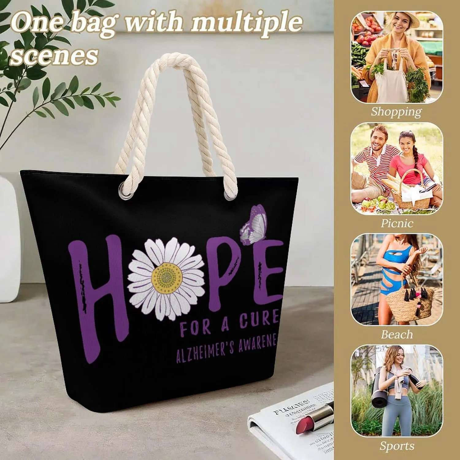 Tote Bag Large Handles Beach Bag with Zipper for Shopping Groceries Travel Outdoors Swim Pool Bag
