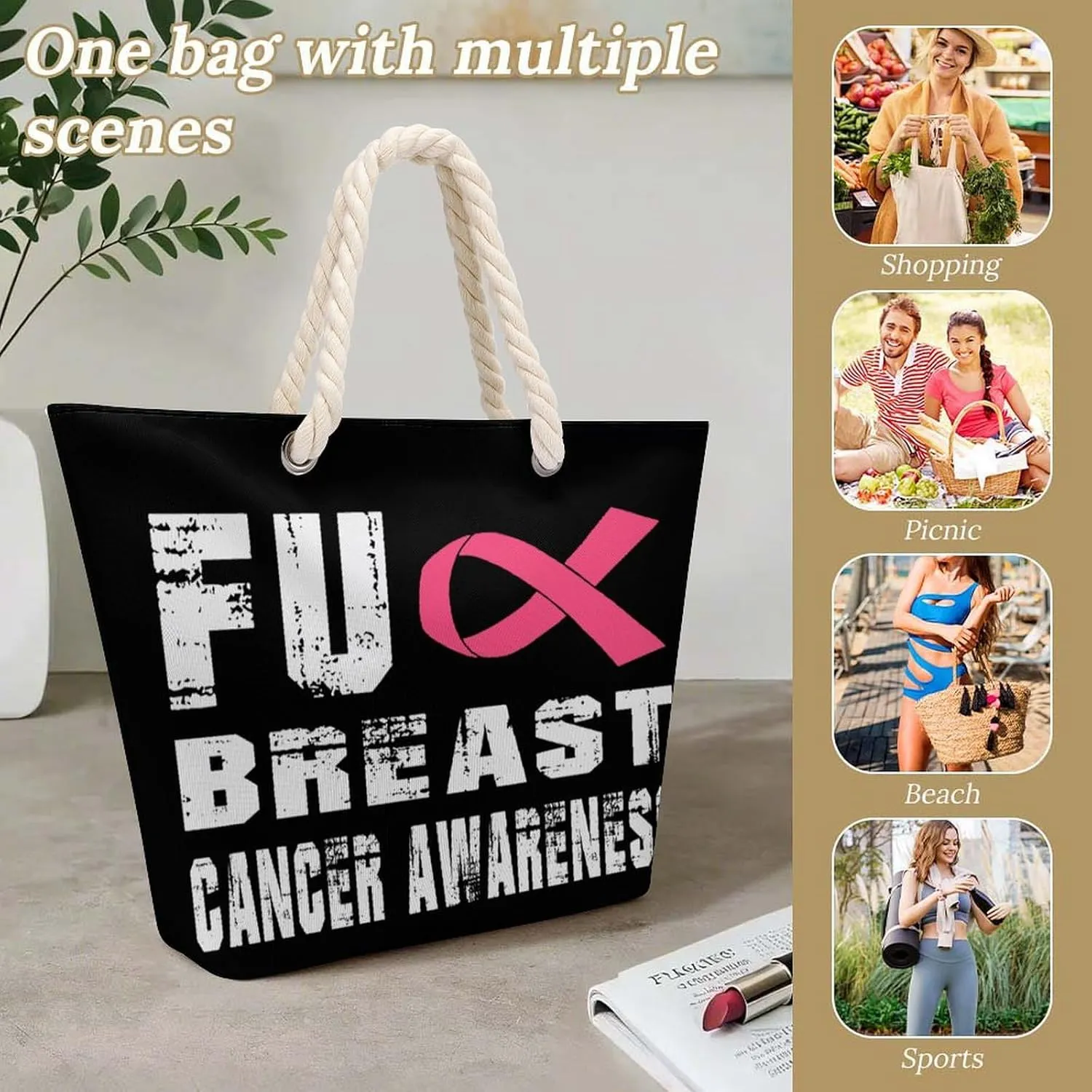 Tote Bag Large Handles Beach Bag with Zipper for Shopping Groceries Travel Outdoors Swim Pool Bag