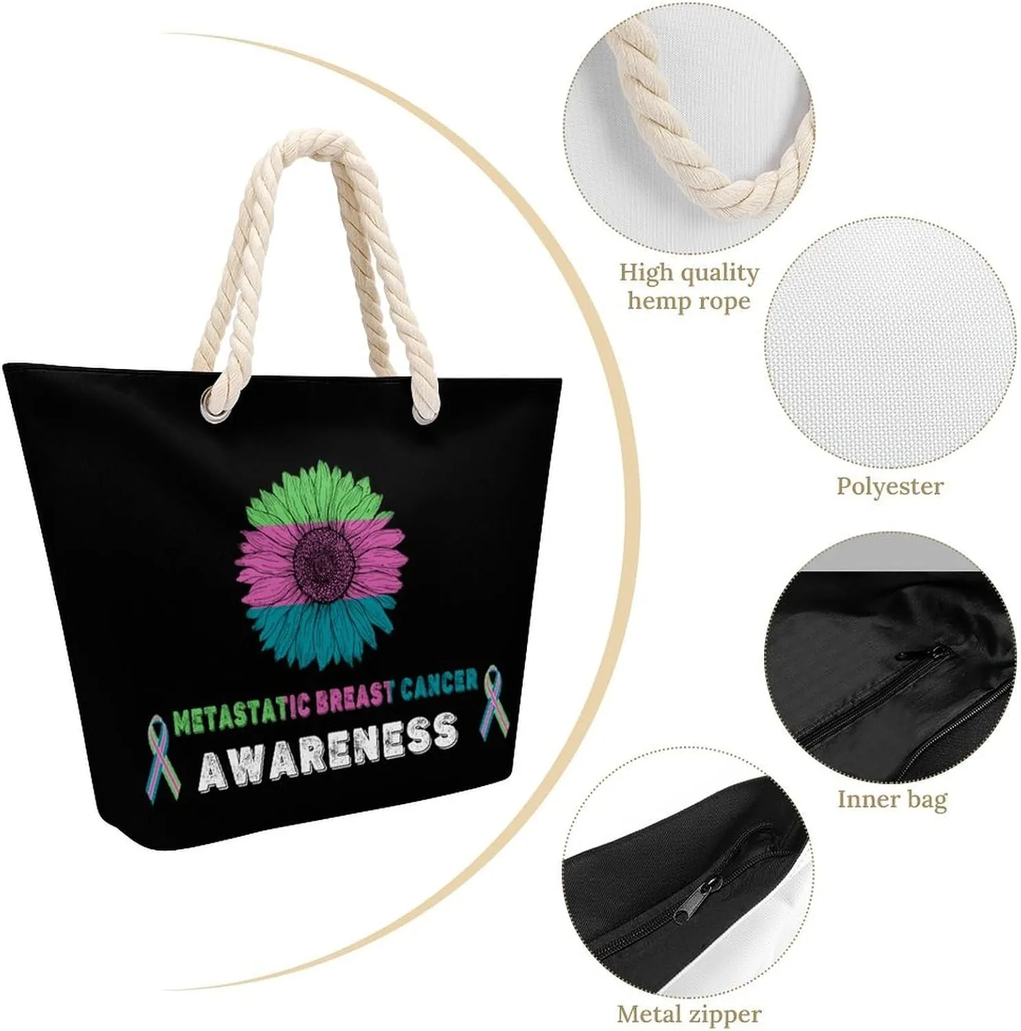 Tote Bag Large Handles Beach Bag with Zipper for Shopping Groceries Travel Outdoors Swim Pool Bag