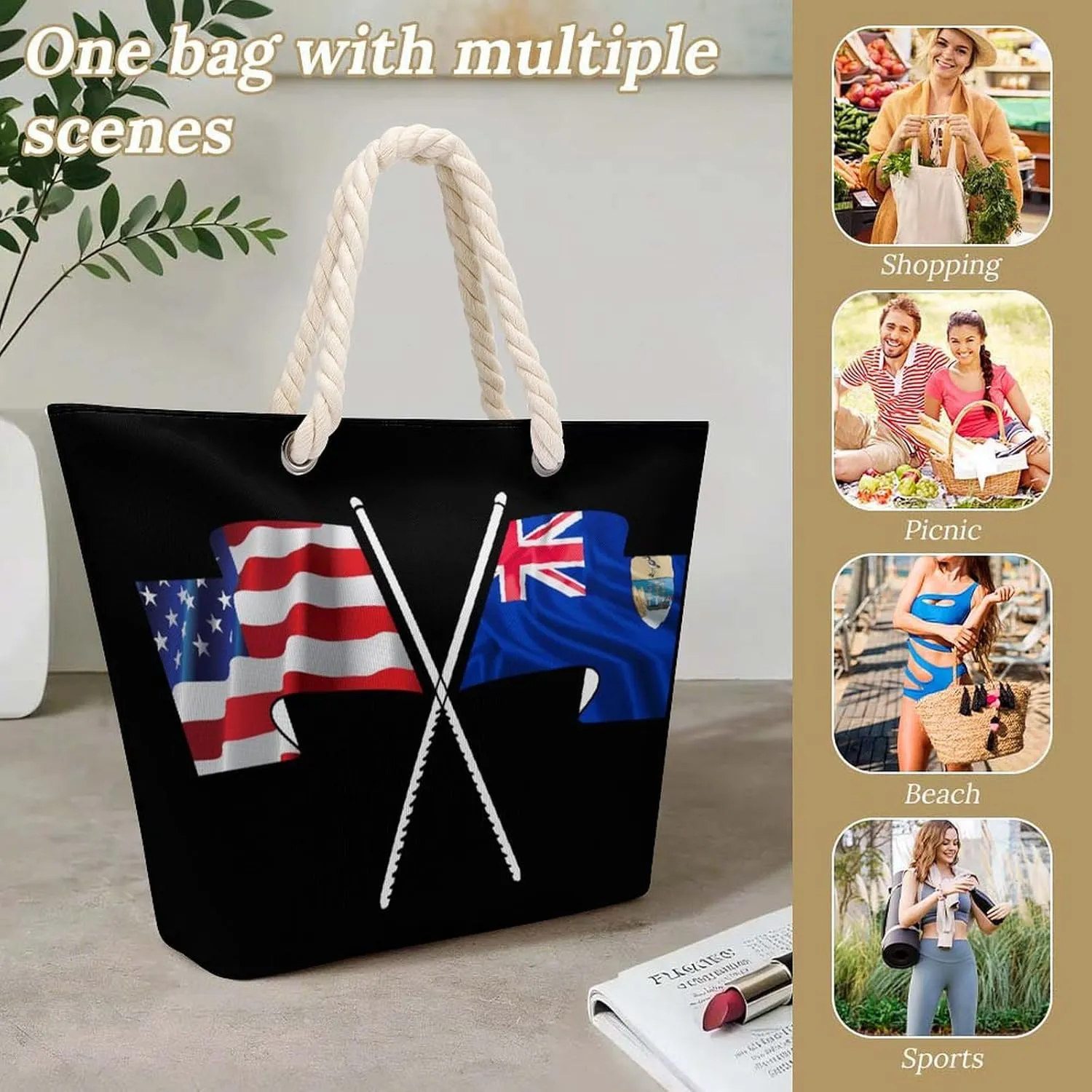Tote Bag Large Handles Beach Bag with Zipper for Shopping Groceries Travel Outdoors Swim Pool Bag