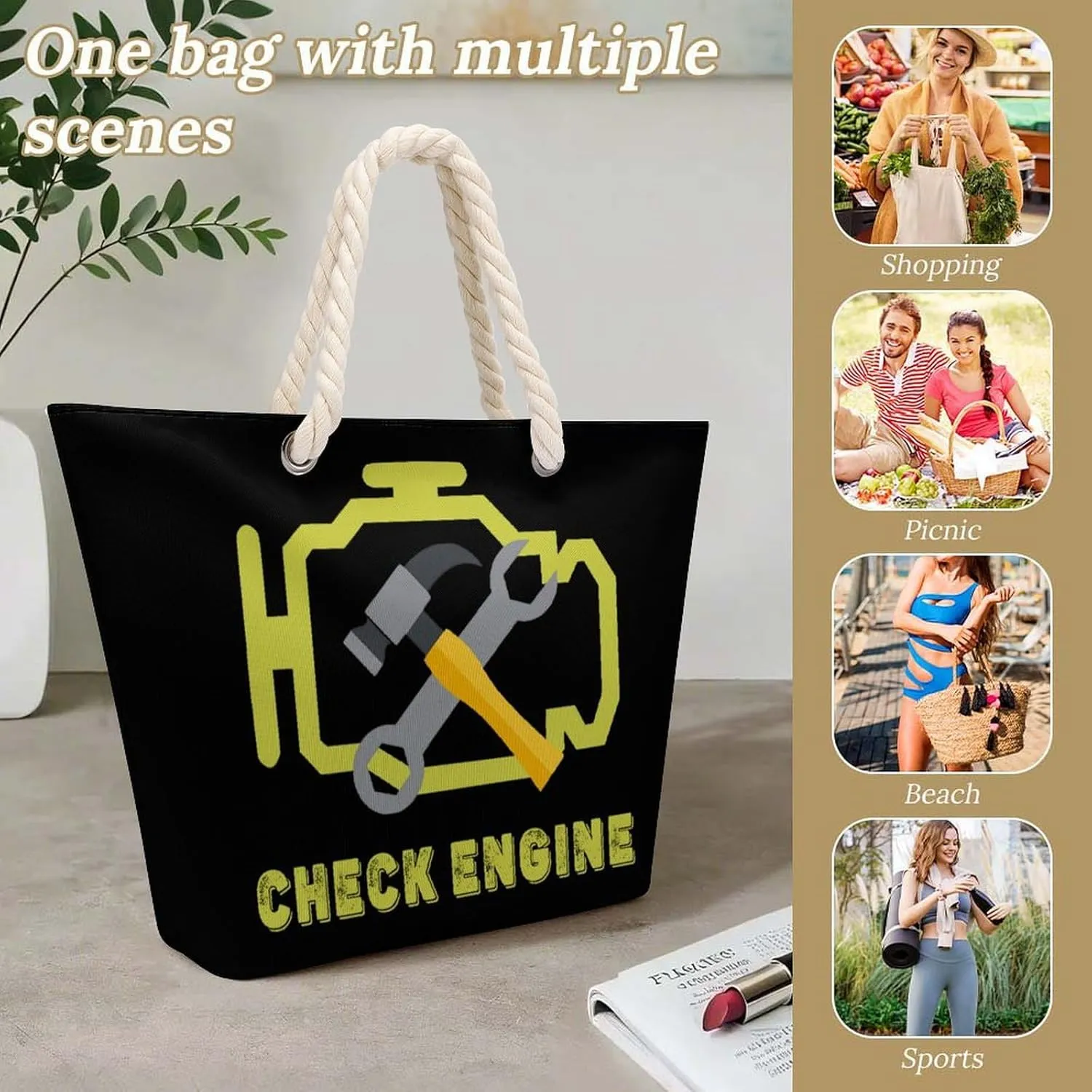 Tote Bag Large Handles Beach Bag with Zipper for Shopping Groceries Travel Outdoors Swim Pool Bag