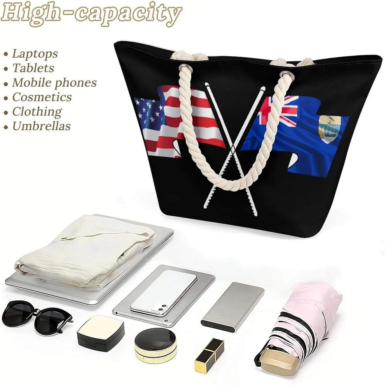 Tote Bag Large Handles Beach Bag with Zipper for Shopping Groceries Travel Outdoors Swim Pool Bag