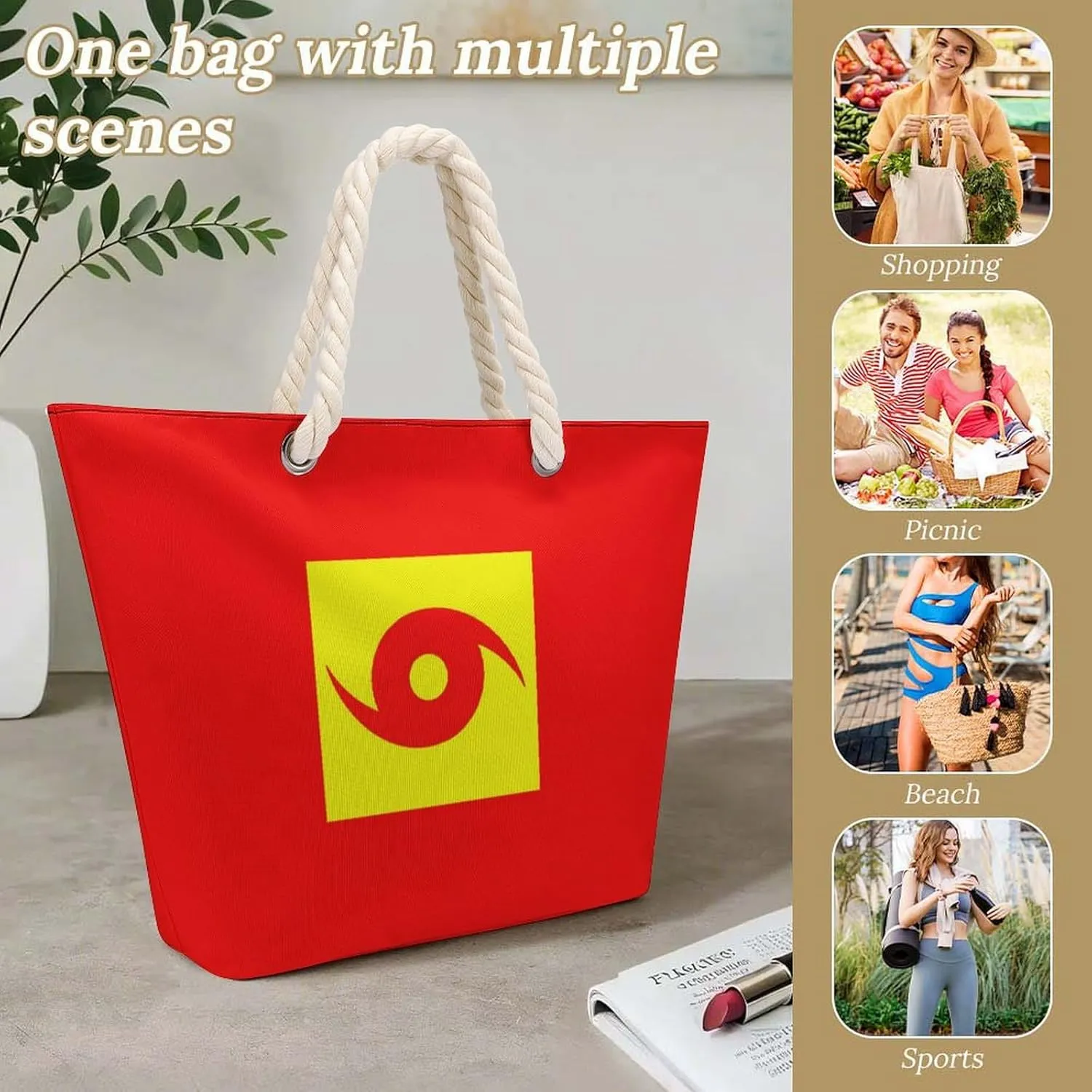 Tote Bag Large Handles Beach Bag with Zipper for Shopping Groceries Travel Outdoors Swim Pool Bag