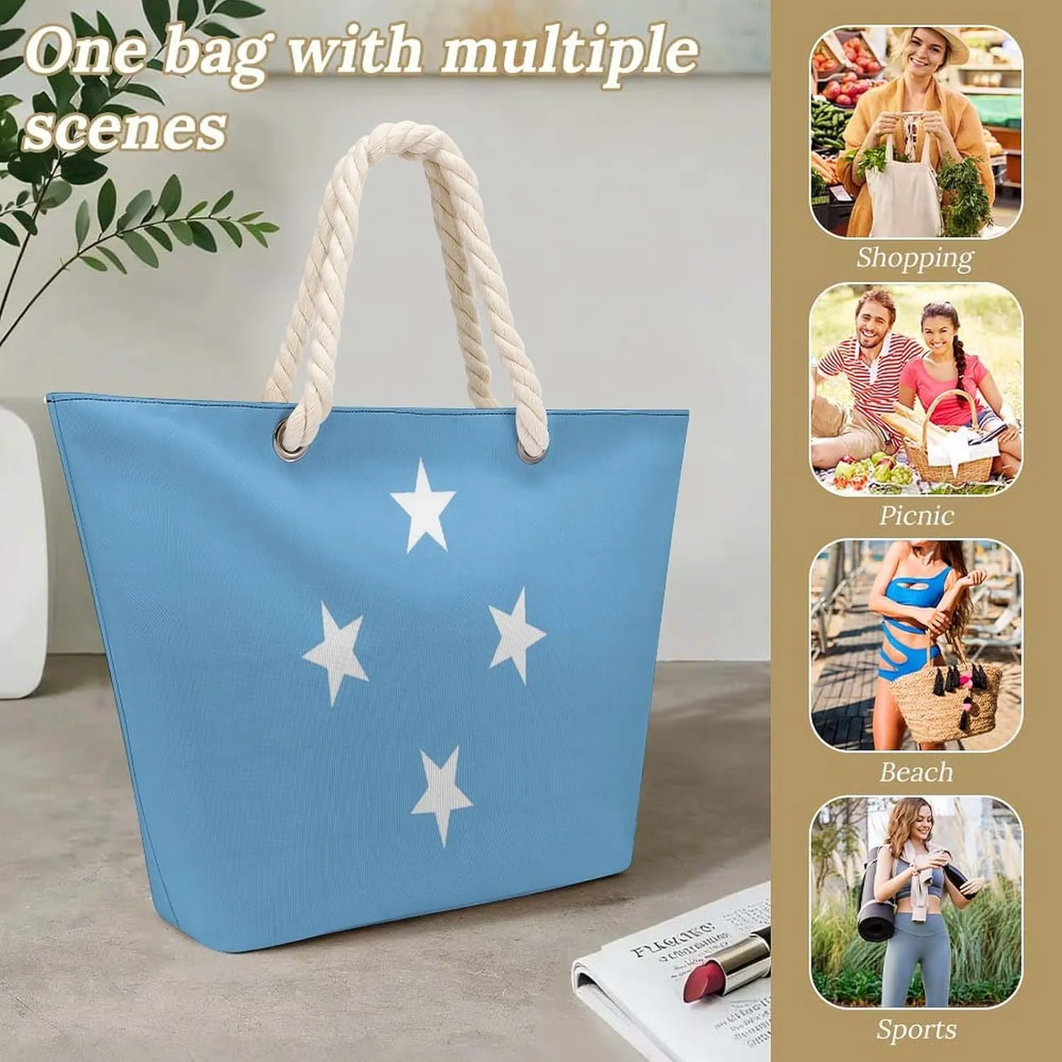 Tote Bag Large Handles Beach Bag with Zipper for Shopping Groceries Travel Outdoors Swim Pool Bag